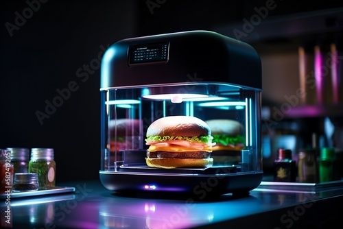 Holographic 3D food printer technology concept, innovation syntetic food, hamburger print. Generative AI.
