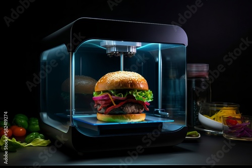 Holographic 3D food printer technology concept, innovation syntetic food, hamburger print. Generative AI.