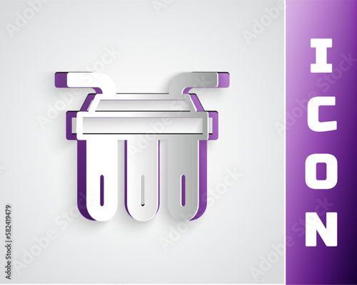 Paper cut Water filter icon isolated on grey background. System for filtration of water. Reverse osmosis system. Paper art style. Vector