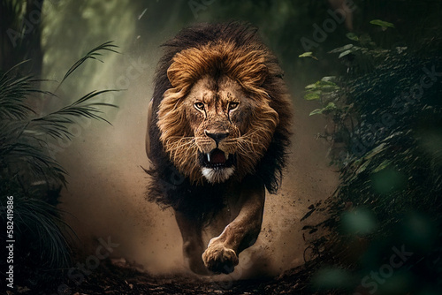 Lion running through the jungle