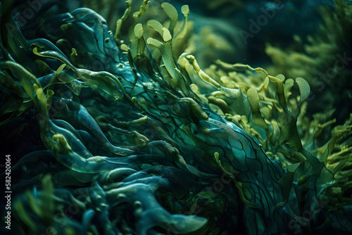 Abstract organic pattern with green swirling of ocean seaweed. Created with Generative AI.