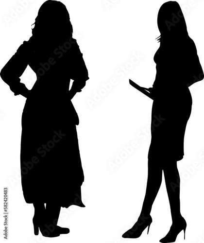 Silhouetten: Zwei Frauen in Business Kleidung im Gespräch 