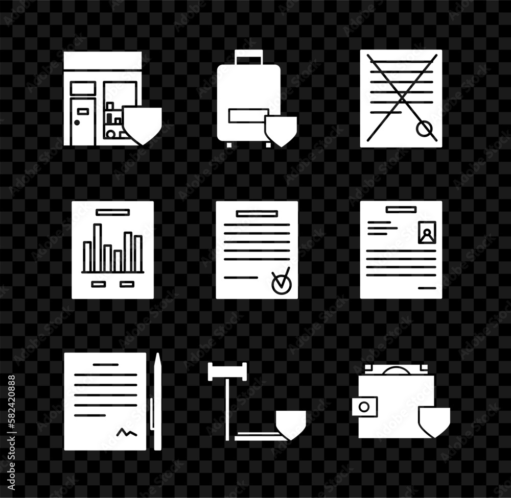 Set Shopping building with shield, Traveling baggage insurance, Delete file document, Contract pen, Judge gavel, Wallet and money, Document graph chart and Confirmed check mark icon. Vector Set Shopping building with shield, Traveling baggage insurance, Delete file document, Contract pen, Judge gavel, Wallet and money, Document graph chart and Confirmed check mark icon. Vector