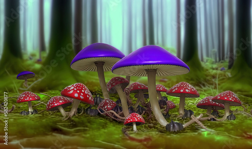  a group of mushrooms in the middle of a forest floor. generative ai