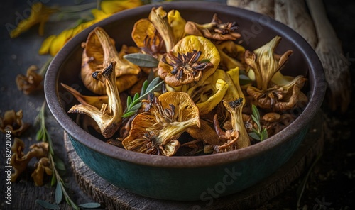  a bowl filled with dried flowers on top of a wooden table. generative ai