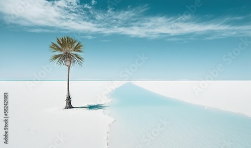  a lone palm tree on a deserted beach with a blue sky in the background. generative ai