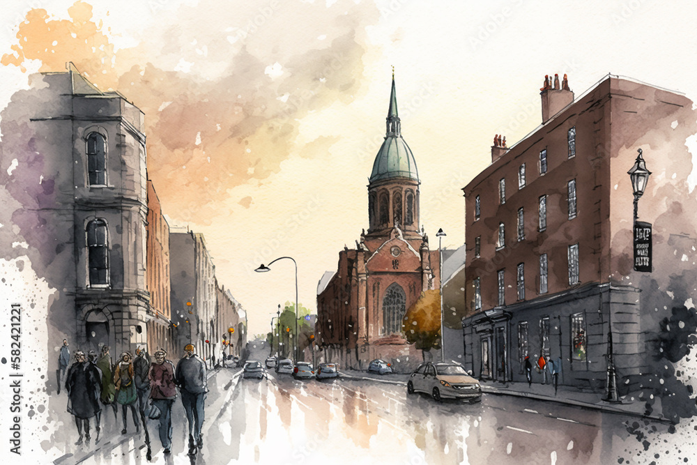 Fototapeta premium Old town Dublin drawing with bit of watercolour.