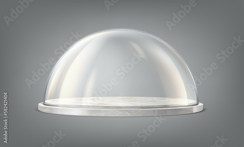 Glass dome on the marble tray. 3d realistic vector icon. Transparent protective cover. Snow globe, souvenir or kitchen glassware. © Real Vector