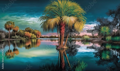  a painting of a palm tree on a lake at sunset. generative ai