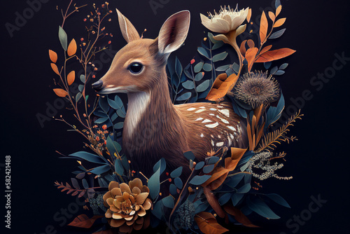 Deer with flowers and leaves on it