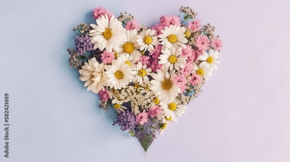 Generative AI illustration. A heart shape made of wildflowers. View from above.