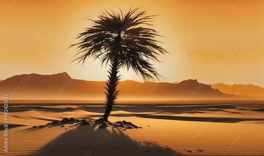  a palm tree in the desert with a sunset in the background.  generative ai
