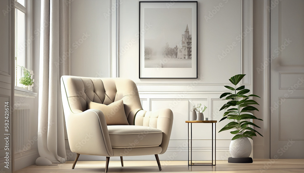 Modern interior design armchair sofa in living room with near windows and mock up poster frame in wall at home, Neutral living room, empty nobody, 3D render by Generative AI Modern interior design armchair sofa in living room with near windows and mock up poster frame in wall at home, Neutral living room, empty nobody, 3D render by Generative AI