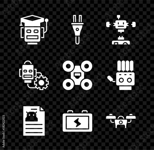 Set Robot, Electric plug, Disassembled robot, Technical specification, Battery, Drone, setting and icon. Vector