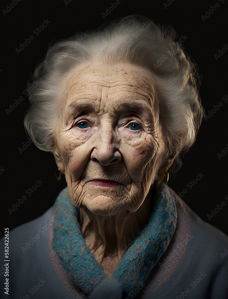 Portrait einer alten Dame mit grauen Haaren vor dunklem Hintergrund, erstellt mit einer Generativen KI. Portrait einer alten Dame mit grauen Haaren vor dunklem Hintergrund, erstellt mit einer Generativen KI.