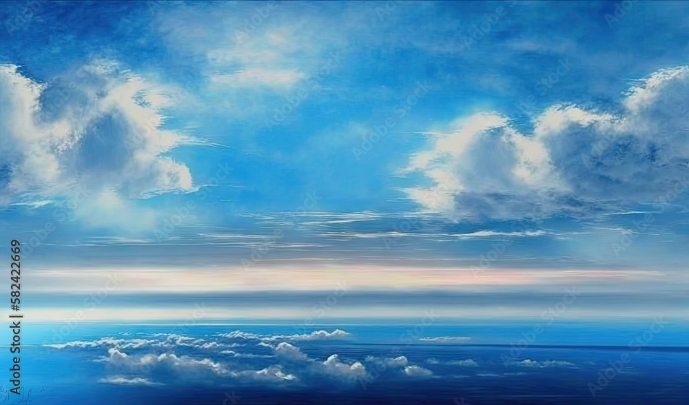 a painting of a blue sky with white clouds and blue water. generative ai a painting of a blue sky with white clouds and blue water. generative ai