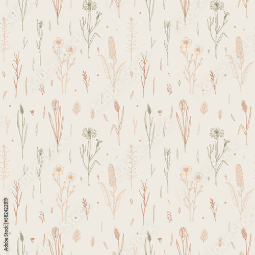 Meadow flowers seamless pattern. Hand drawn field wildflowers background. Vector illustration in sketch style. Aesthetic botany design