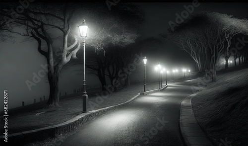  a street light on a foggy night in a park. generative ai