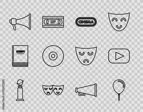 Set line Trophy Golden Globe, Balloon with ribbon, Cinema poster design template, Comedy and tragedy theatrical masks, Megaphone, CD or DVD disk, and Play icon. Vector