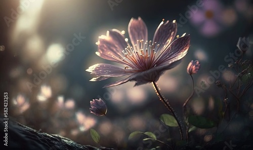  a flower that is sitting in the grass near a tree. generative ai