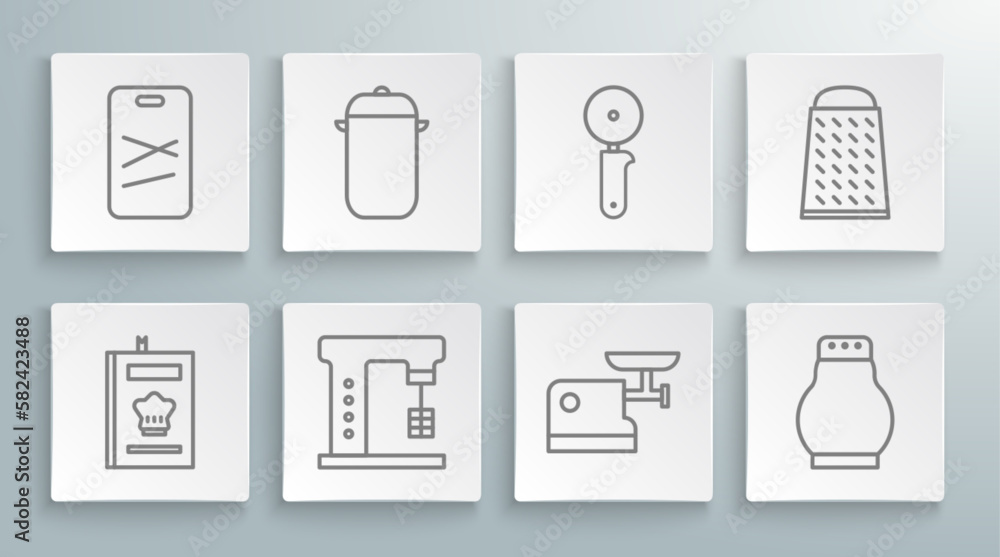 Set line Cookbook, Cooking pot, Electric mixer, Kitchen meat grinder, Salt and pepper, Pizza knife, Grater and Cutting board icon. Vector Set line Cookbook, Cooking pot, Electric mixer, Kitchen meat grinder, Salt and pepper, Pizza knife, Grater and Cutting board icon. Vector