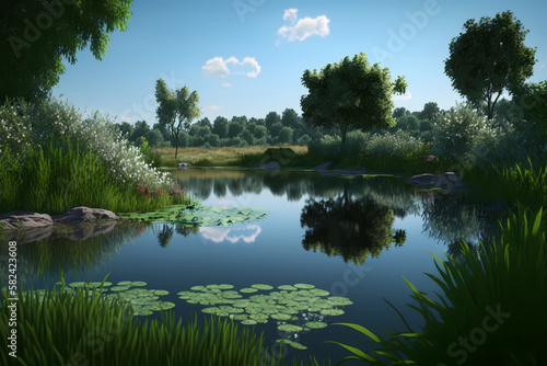 tranquil pond reflects the clear blue sky above
