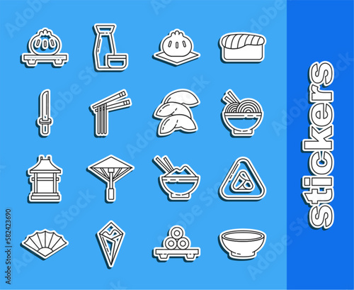 Set line Bowl of hot soup, Sushi, Asian noodles in bowl and chopsticks, Khinkali on cutting board, Japanese katana, Dumpling and Chinese fortune cookie icon. Vector