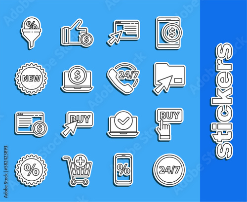 Set line Clock 24 hours, Buy button, Cursor click document folder, Online shopping screen, Laptop with dollar, Price tag New, Lead management and Telephone support icon. Vector