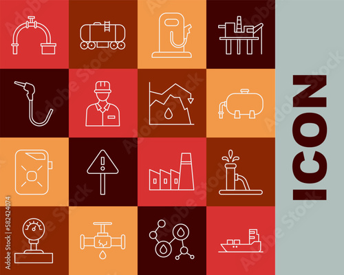 Set line Oil tanker ship, pump or pump jack, industrial factory building, Petrol gas station, Oilman, Gasoline nozzle, Industry pipe and valve and Drop crude oil price icon. Vector