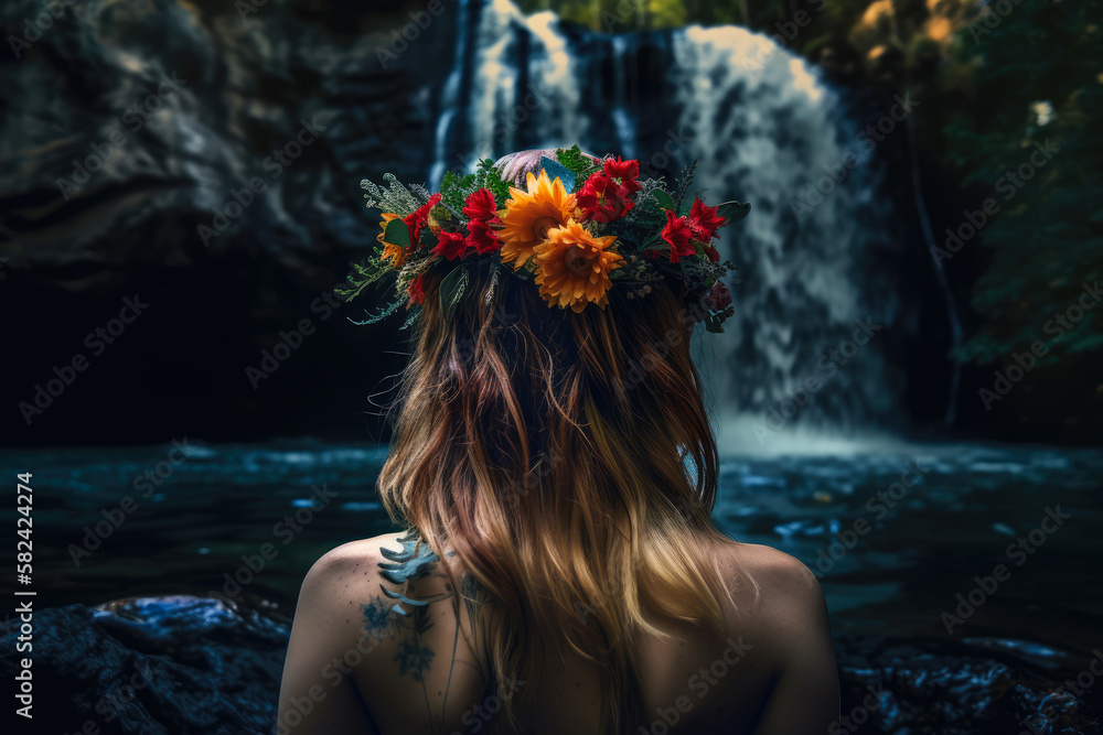 Φωτογραφία Back view of a girl wearing colorful flower wreath swim and bathe in waterfalls