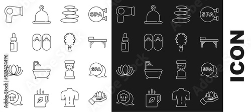 Set line Lotus flower, Spa salon, Massage table, Stack hot stones, Flip flops, Essential oil bottle, Hair dryer and Sauna broom icon. Vector