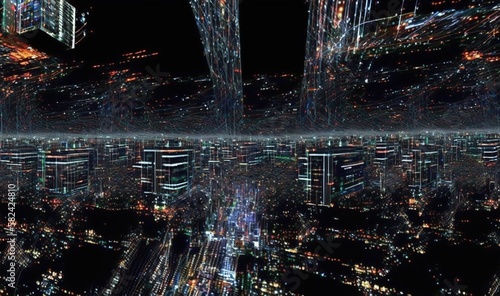  a futuristic city at night with a lot of lights on it.  generative ai © Anna