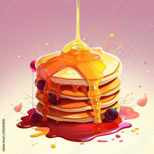 Colorful and cartoonish illustration of a stack of pancakes with syrup and butter dripping down Generative AI