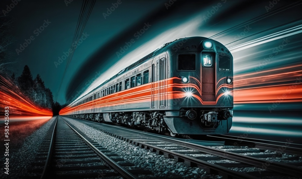Naklejka premium a train traveling down train tracks with a red and white light. generative ai