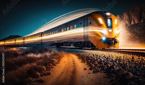  a train is traveling down the tracks at night with long exposure. generative ai