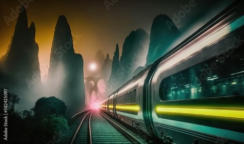  a train traveling through a foggy forest next to a bridge. generative ai