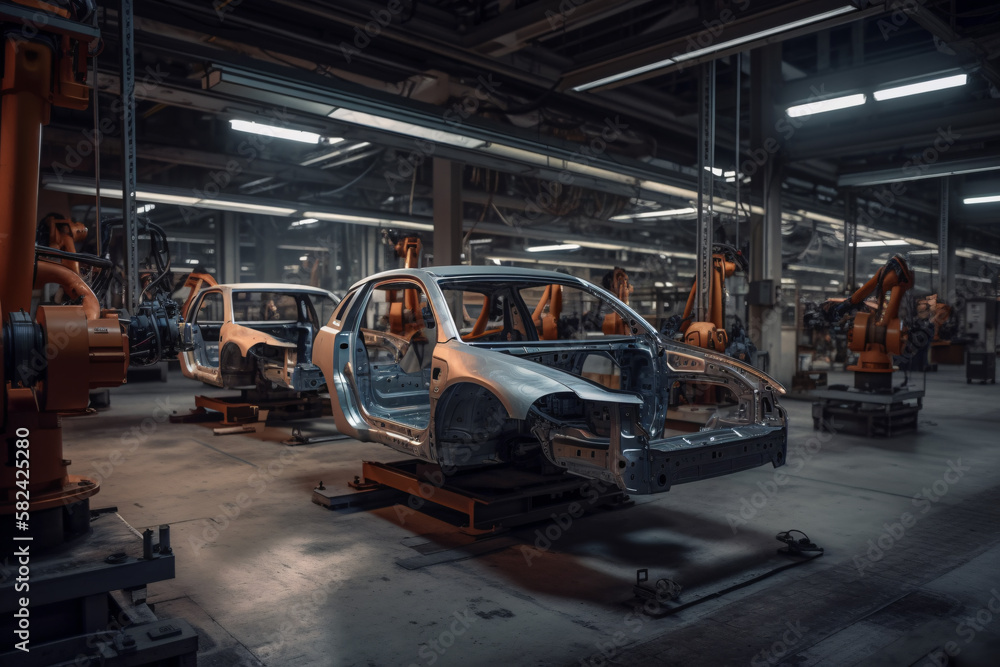 auto assembly line of cars in a factory. Generative AI auto assembly line of cars in a factory. Generative AI