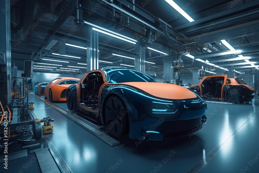 auto assembly line of cars in a factory. Generative AI
