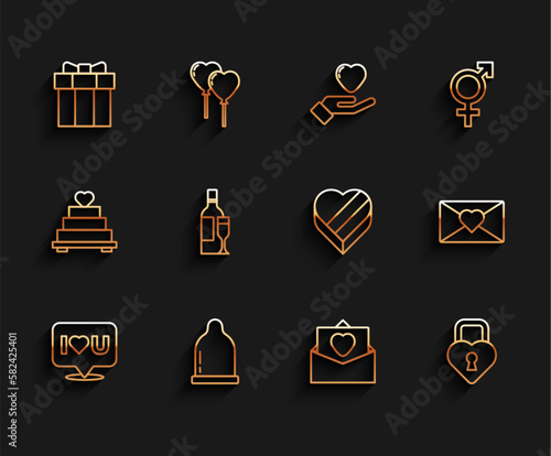 Set line Speech bubble with I love you, Condom, Gift box, Envelope Valentine heart, Castle the shape of, Champagne bottle, and Candy shaped icon. Vector