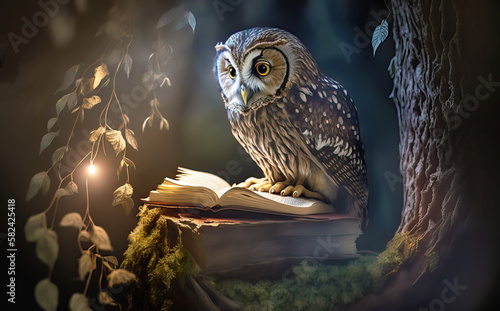 Illustration of an owl on a branch of a tree, reading a bookat night, a Solitary and nocturnal wildlife bird in aforest landscape.	Generative AI photo