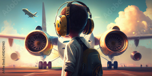 Young kid with autism wearing headphones for noise cancellation, staring a nation at an airplane and a space shuttle, admiring aviation and technology. Created with generative ai tools photo