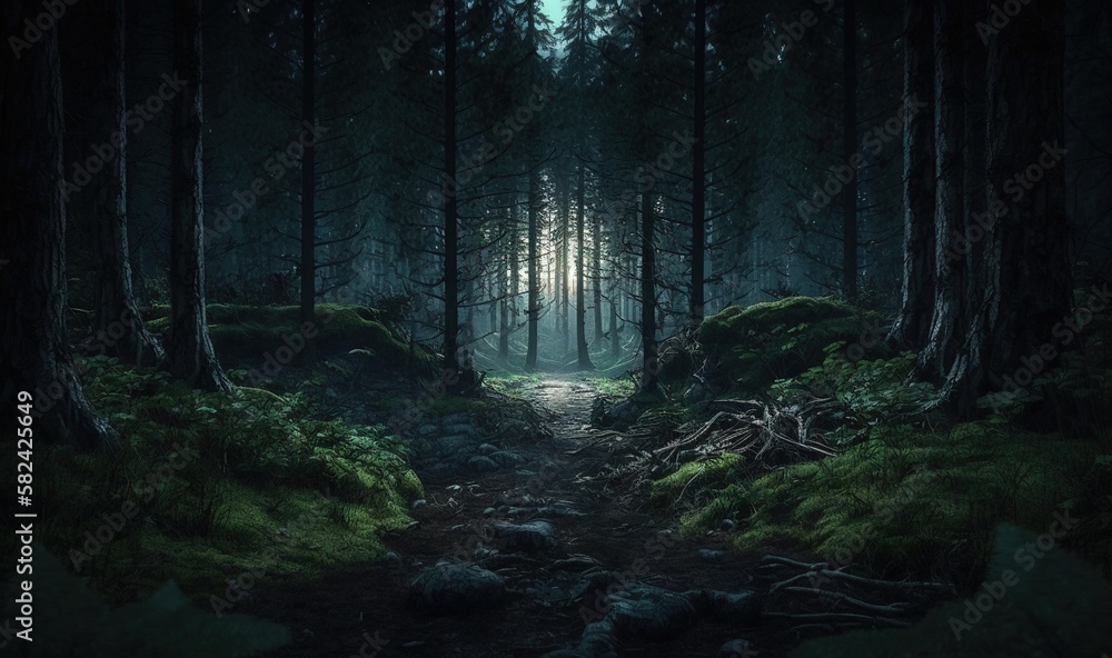  a dark forest with a path leading to a light at the end.  generative ai