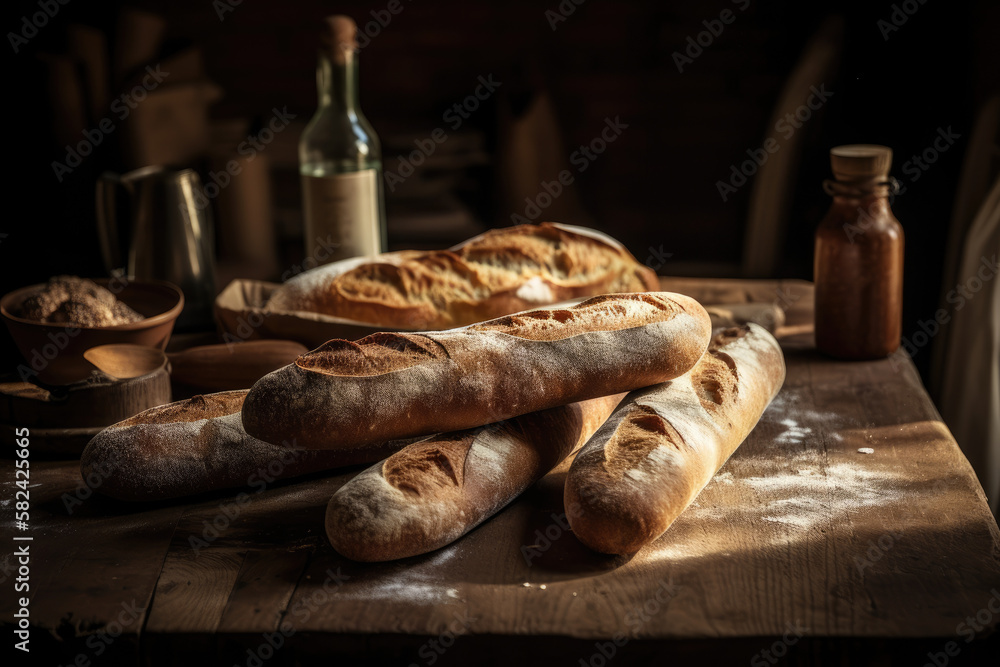 baguette de pain au levain avec farine, gros pain de campagne sur table en bois rustique