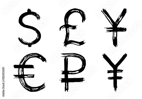 Money signs with brush stroke texture isolated on white background. Dollar, pound sterling, yen, yuan, ruble and euro dollar currency pictogram. Vector illustration. Set. 