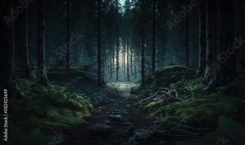  a dark forest with a path leading to a light at the end.  generative ai