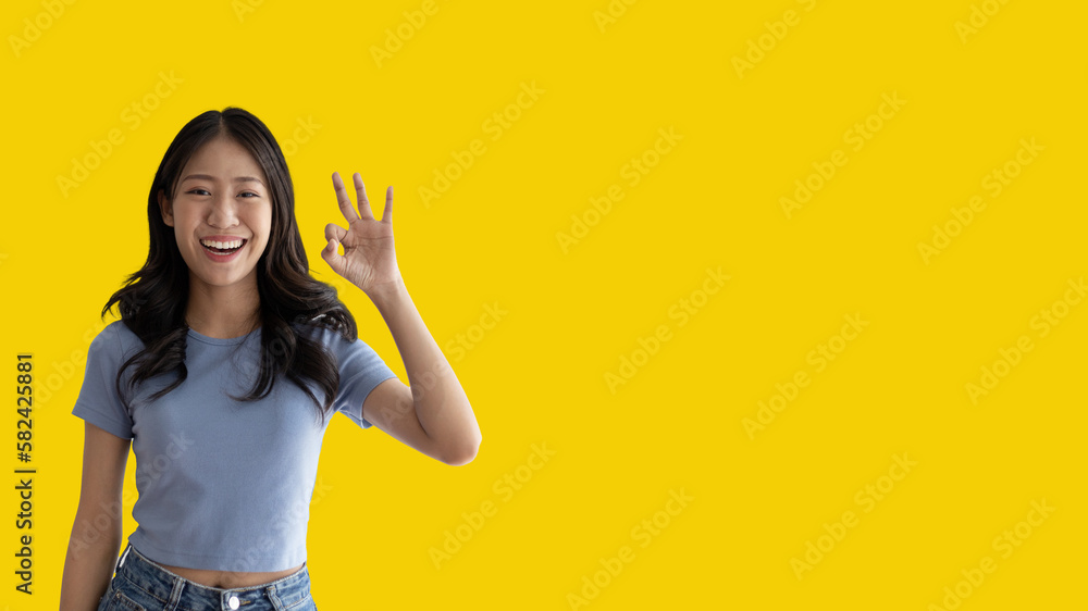 Young asian woman over yellow background doing ok sign with hands, OK symbol, Welcome, Agree, Join, Do as instructed, Follow orders, Acceptance of all conditions. Young asian woman over yellow background doing ok sign with hands, OK symbol, Welcome, Agree, Join, Do as instructed, Follow orders, Acceptance of all conditions.