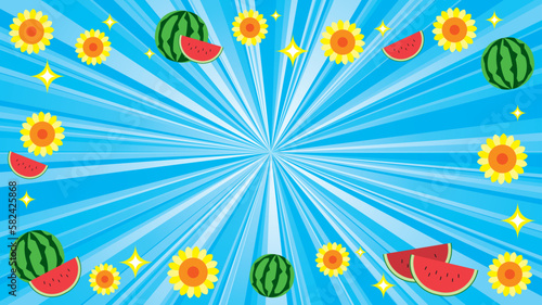 グラデーションを使用した夏の水色フラッシュ(ひまわりとスイカとキラキラ)
