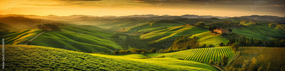 Italy, Green Toscana hills, Vineyard. Sunlight. ai generative