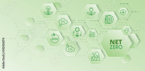 Net zero and carbon neutral concept. Hexagon banner on green background. Net zero greenhouse gas emissions target. Vector illustration.