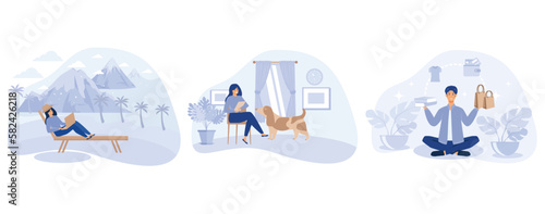 Voluntary lifestyle concept, Downshifting, simple living, minimalist lifestyle, escape, find balance, reduce consumption, set flat vector modern illustration 